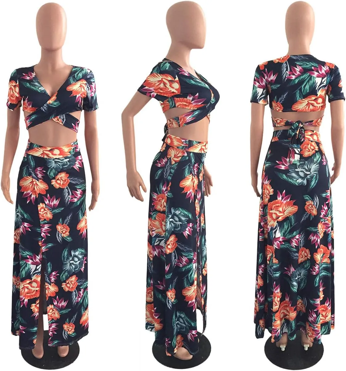 WOKANSE Women's Sexy 2 Piece Outfits Summer Beach Boho Floral Dress V Neck Crop Tops and High Split Maxi Skirt Sets