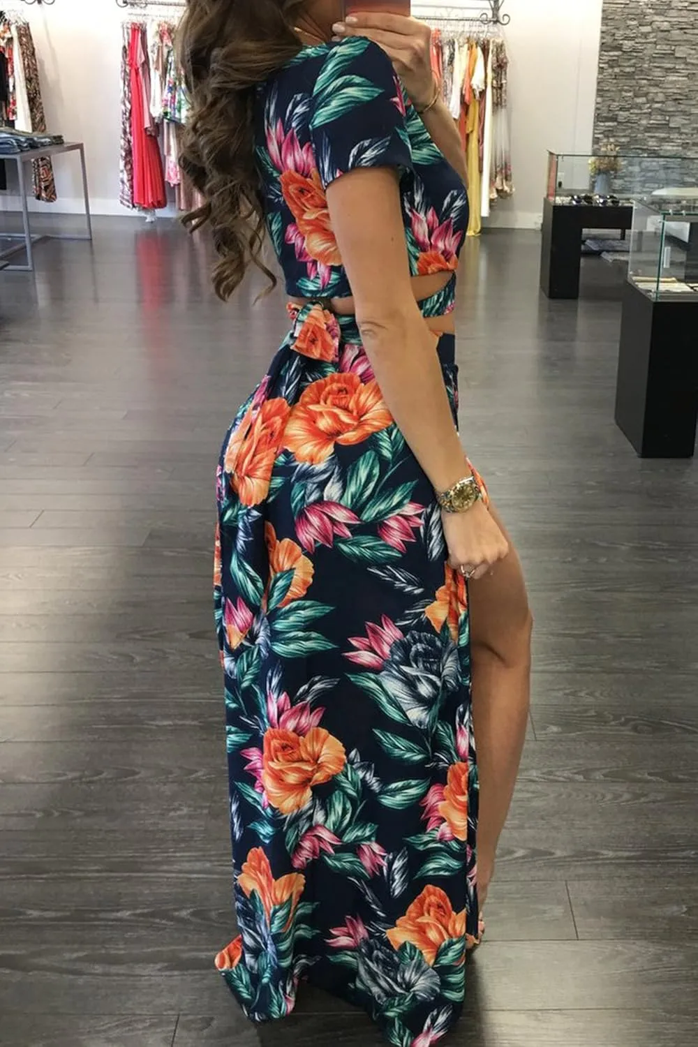 WOKANSE Women's Sexy 2 Piece Outfits Summer Beach Boho Floral Dress V Neck Crop Tops and High Split Maxi Skirt Sets