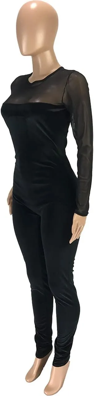 WOKANSE Women's Sexy Long Sleeves Mesh Patchwork Bodycon Velvet Jumpsuits Long Romper Pants One Piece Clubwear
