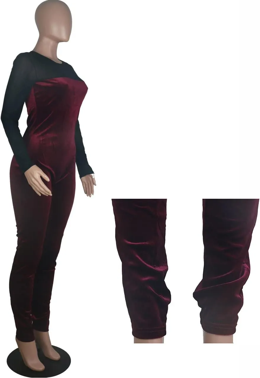 WOKANSE Women's Sexy Long Sleeves Mesh Patchwork Bodycon Velvet Jumpsuits Long Romper Pants One Piece Clubwear