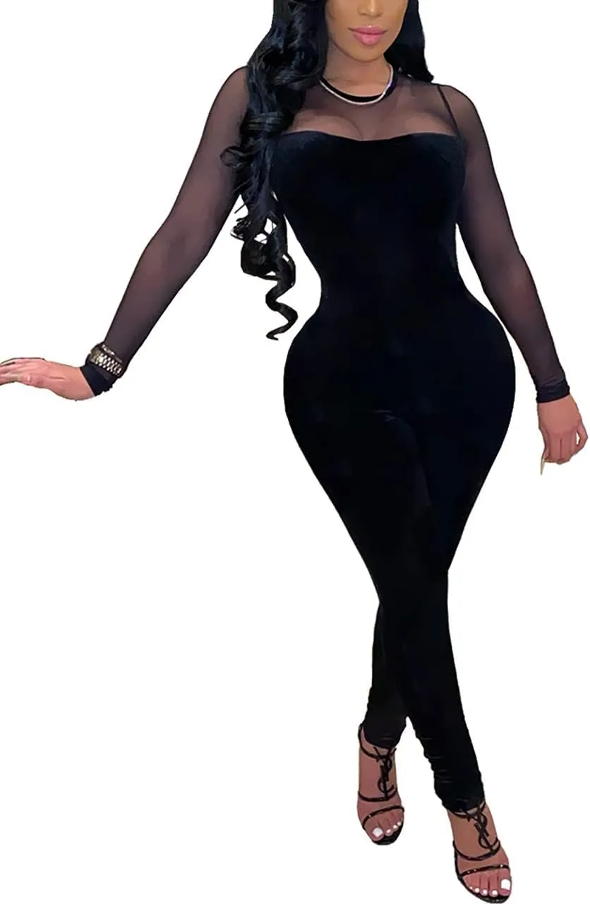 WOKANSE Women's Sexy Long Sleeves Mesh Patchwork Bodycon Velvet Jumpsuits Long Romper Pants One Piece Clubwear
