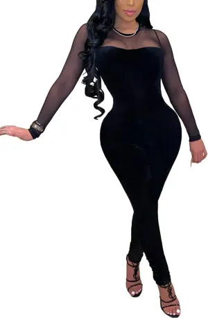 WOKANSE Women's Sexy Long Sleeves Mesh Patchwork Bodycon Velvet Jumpsuits Long Romper Pants One Piece Clubwear