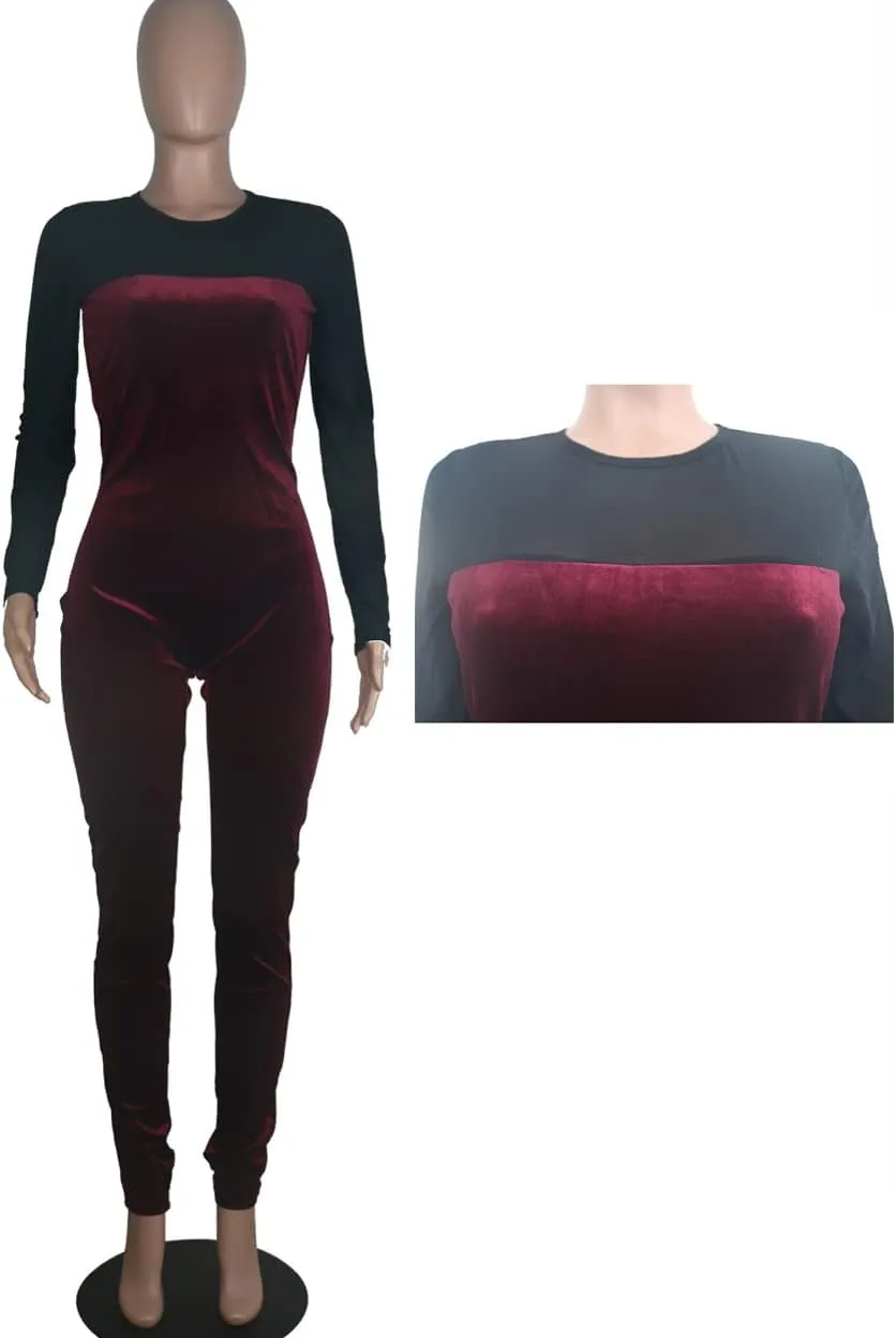 WOKANSE Women's Sexy Long Sleeves Mesh Patchwork Bodycon Velvet Jumpsuits Long Romper Pants One Piece Clubwear