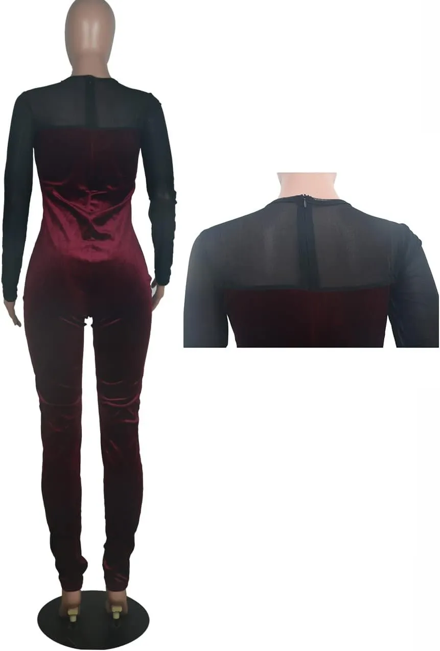 WOKANSE Women's Sexy Long Sleeves Mesh Patchwork Bodycon Velvet Jumpsuits Long Romper Pants One Piece Clubwear