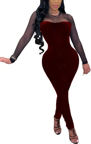 WOKANSE Women's Sexy Long Sleeves Mesh Patchwork Bodycon Velvet Jumpsuits Long Romper Pants One Piece Clubwear