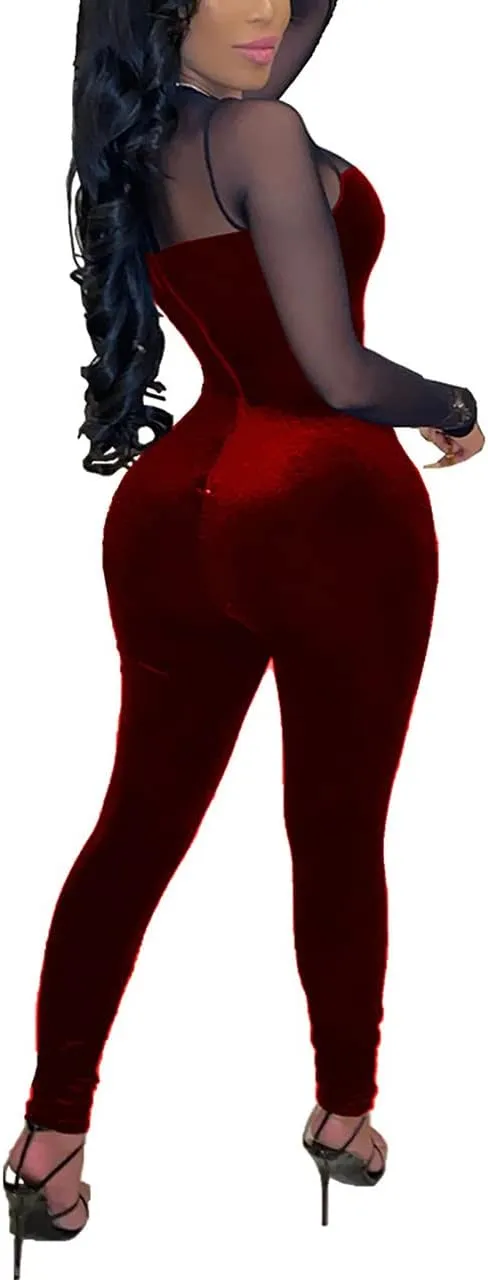 WOKANSE Women's Sexy Long Sleeves Mesh Patchwork Bodycon Velvet Jumpsuits Long Romper Pants One Piece Clubwear