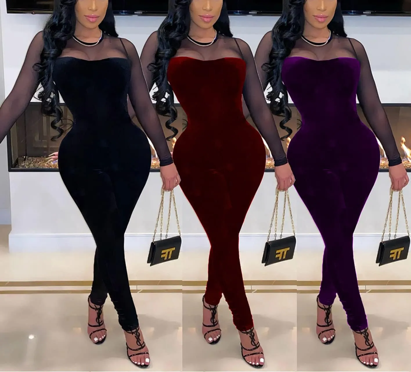 WOKANSE Women's Sexy Long Sleeves Mesh Patchwork Bodycon Velvet Jumpsuits Long Romper Pants One Piece Clubwear