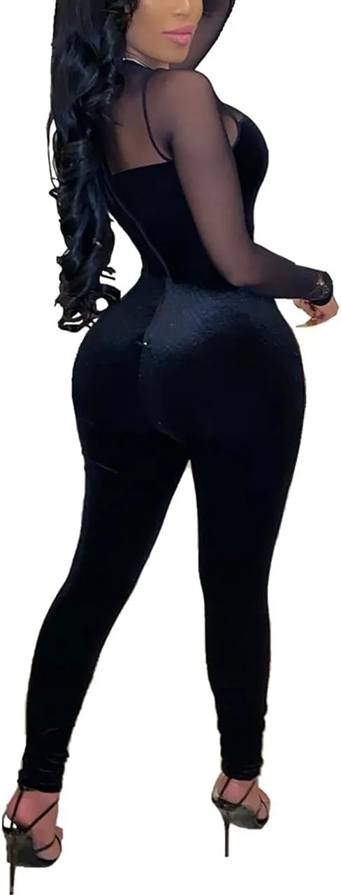 WOKANSE Women's Sexy Long Sleeves Mesh Patchwork Bodycon Velvet Jumpsuits Long Romper Pants One Piece Clubwear