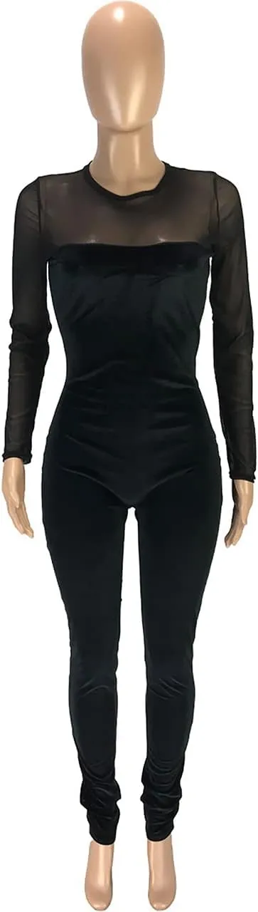 WOKANSE Women's Sexy Long Sleeves Mesh Patchwork Bodycon Velvet Jumpsuits Long Romper Pants One Piece Clubwear