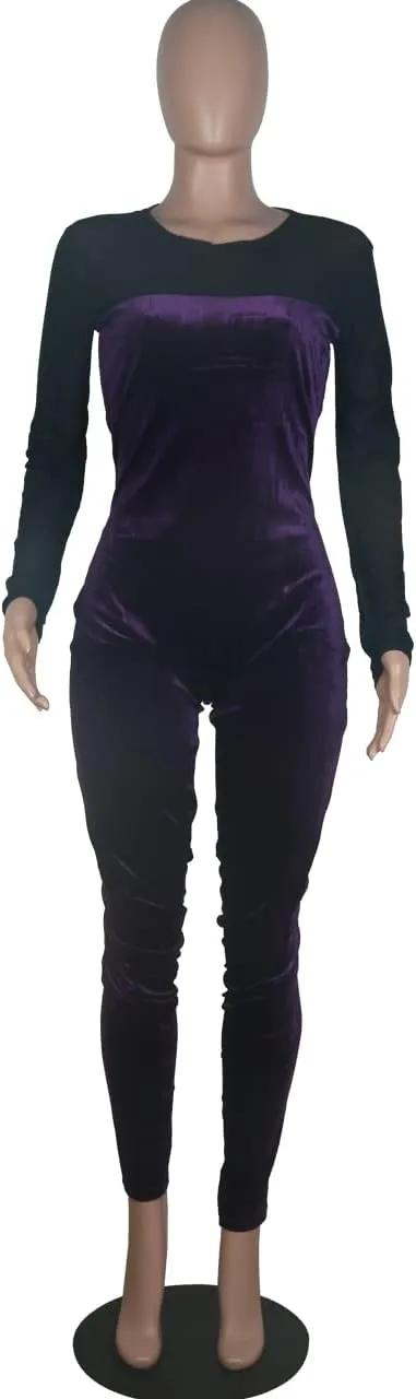 WOKANSE Women's Sexy Long Sleeves Mesh Patchwork Bodycon Velvet Jumpsuits Long Romper Pants One Piece Clubwear