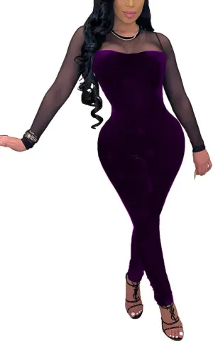 WOKANSE Women's Sexy Long Sleeves Mesh Patchwork Bodycon Velvet Jumpsuits Long Romper Pants One Piece Clubwear