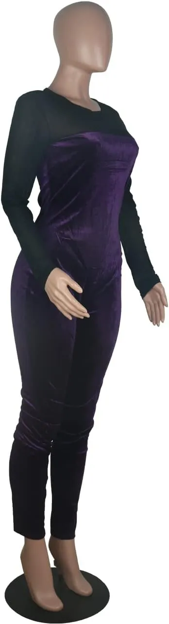 WOKANSE Women's Sexy Long Sleeves Mesh Patchwork Bodycon Velvet Jumpsuits Long Romper Pants One Piece Clubwear