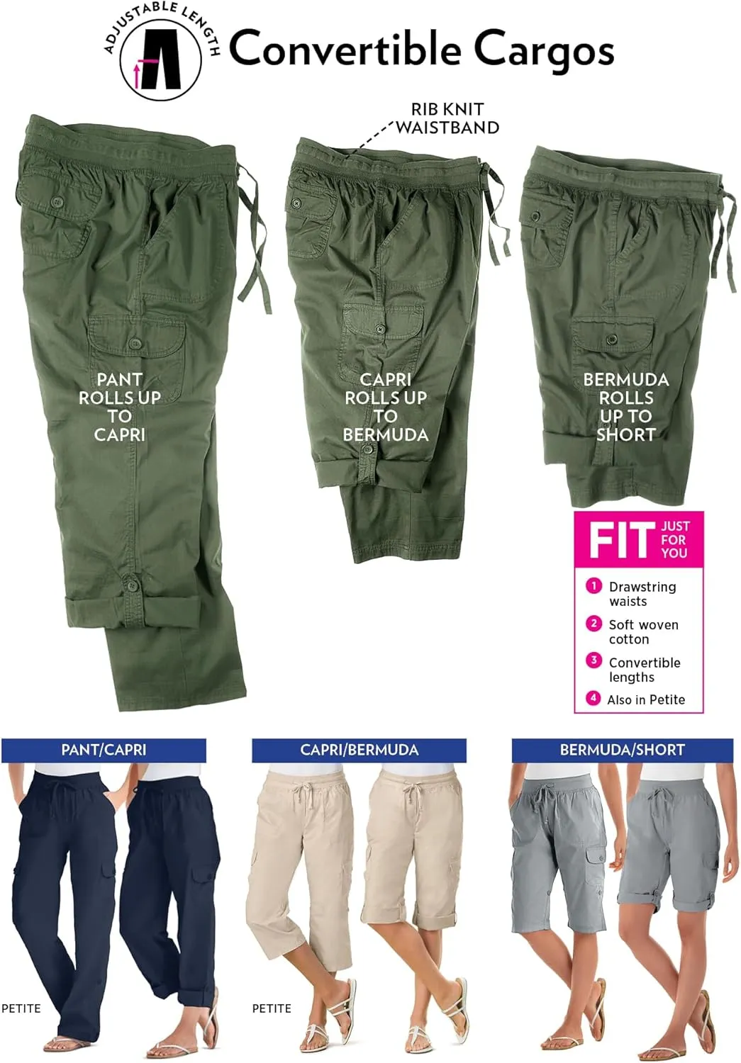 Woman Within Plus Size Convertible Length Cargo Capri/Bermuda