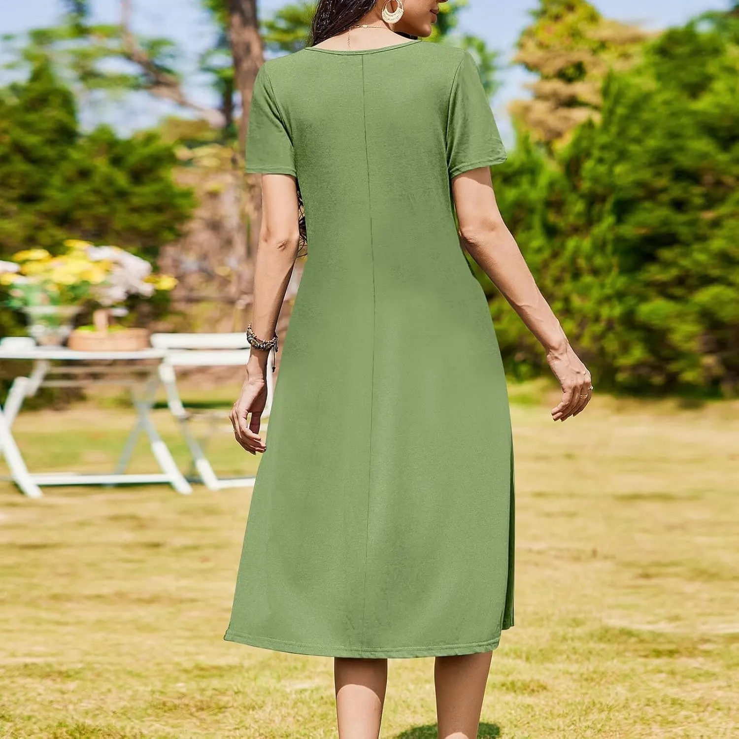 Women 2025 Summer Short Sleeve Midi Dress with Pockets Casual Aline Flowy Tshirt Dress Floral Vocation Beach Sundress