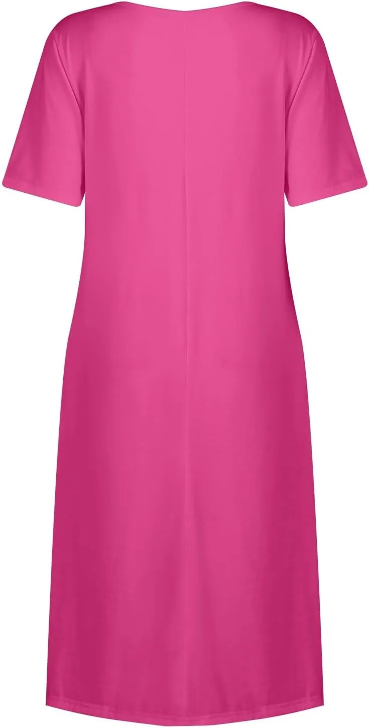 Women 2025 Summer Short Sleeve Midi Dress with Pockets Casual Aline Flowy Tshirt Dress Floral Vocation Beach Sundress