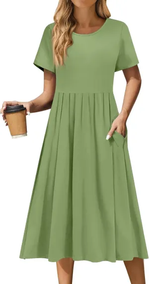 Women 2025 Summer Short Sleeve Midi Dress with Pockets Casual Aline Flowy Tshirt Dress Floral Vocation Beach Sundress
