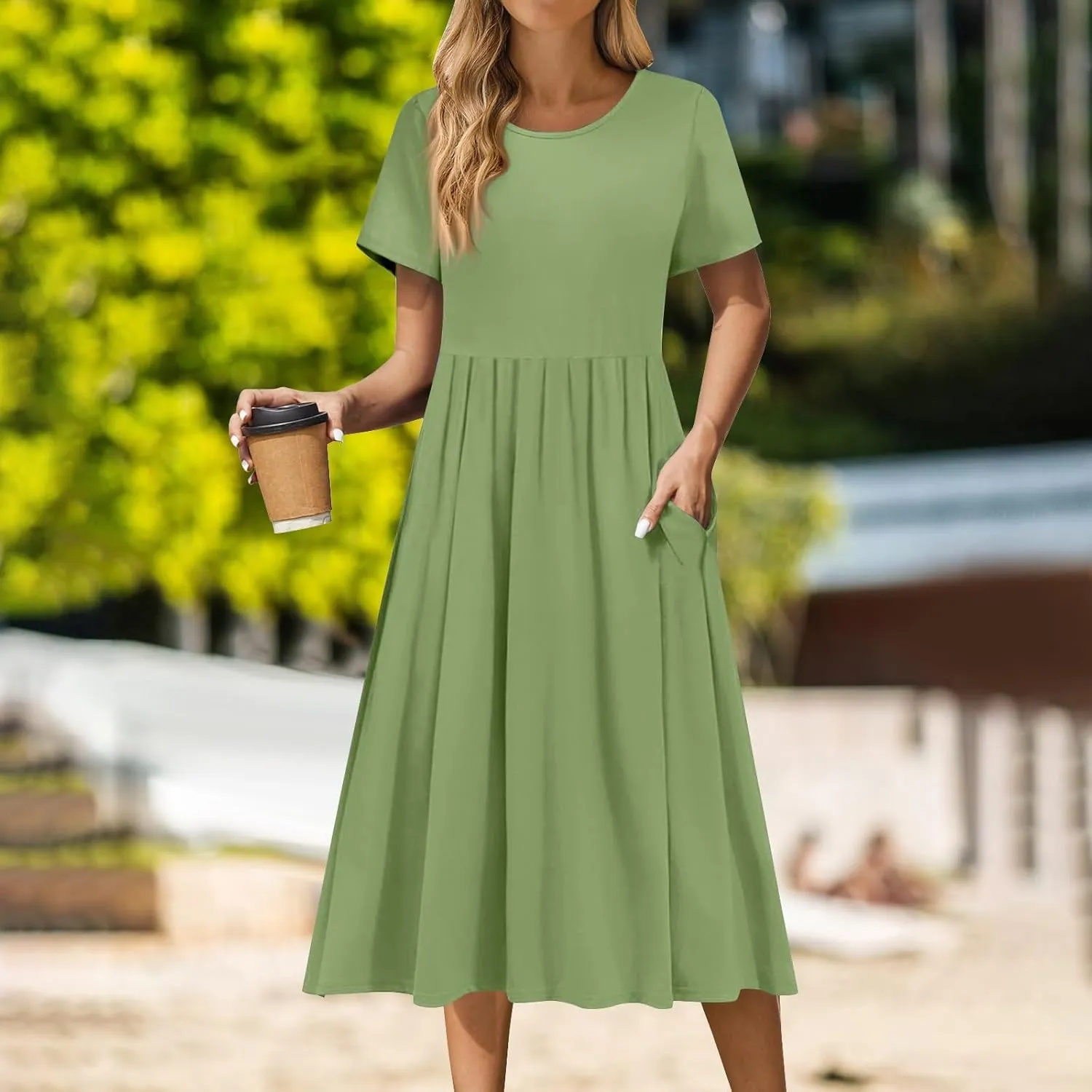 Women 2025 Summer Short Sleeve Midi Dress with Pockets Casual Aline Flowy Tshirt Dress Floral Vocation Beach Sundress