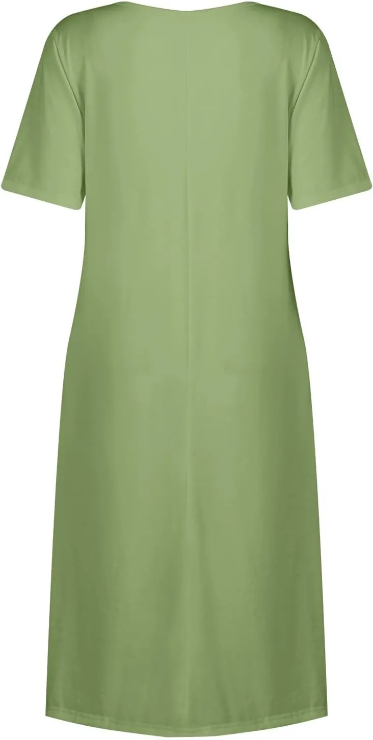 Women 2025 Summer Short Sleeve Midi Dress with Pockets Casual Aline Flowy Tshirt Dress Floral Vocation Beach Sundress