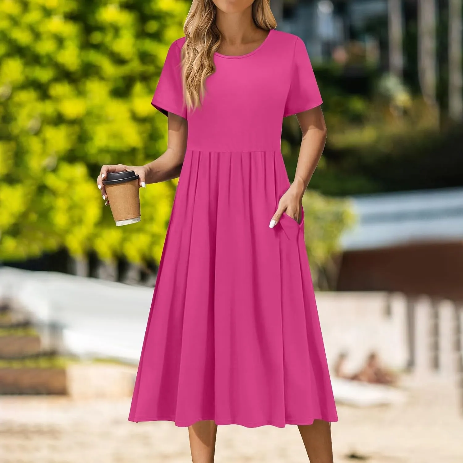 Women 2025 Summer Short Sleeve Midi Dress with Pockets Casual Aline Flowy Tshirt Dress Floral Vocation Beach Sundress