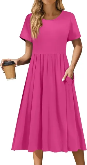 Women 2025 Summer Short Sleeve Midi Dress with Pockets Casual Aline Flowy Tshirt Dress Floral Vocation Beach Sundress
