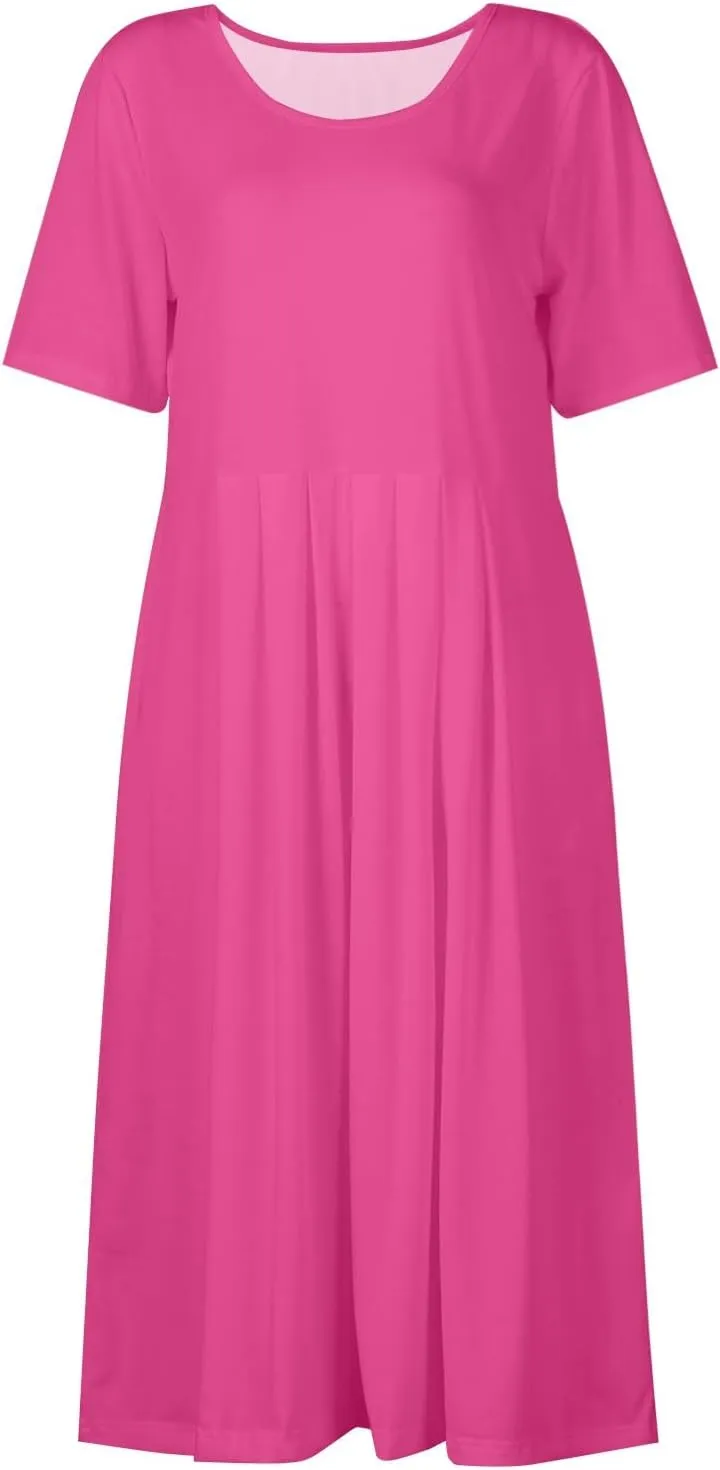 Women 2025 Summer Short Sleeve Midi Dress with Pockets Casual Aline Flowy Tshirt Dress Floral Vocation Beach Sundress