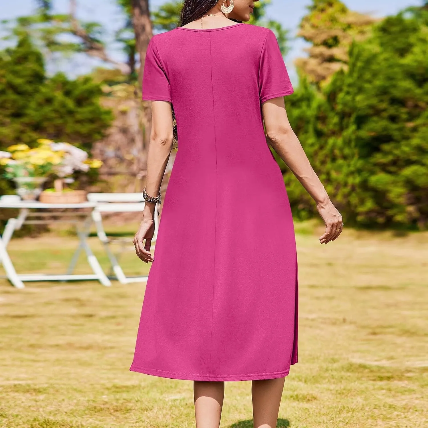 Women 2025 Summer Short Sleeve Midi Dress with Pockets Casual Aline Flowy Tshirt Dress Floral Vocation Beach Sundress
