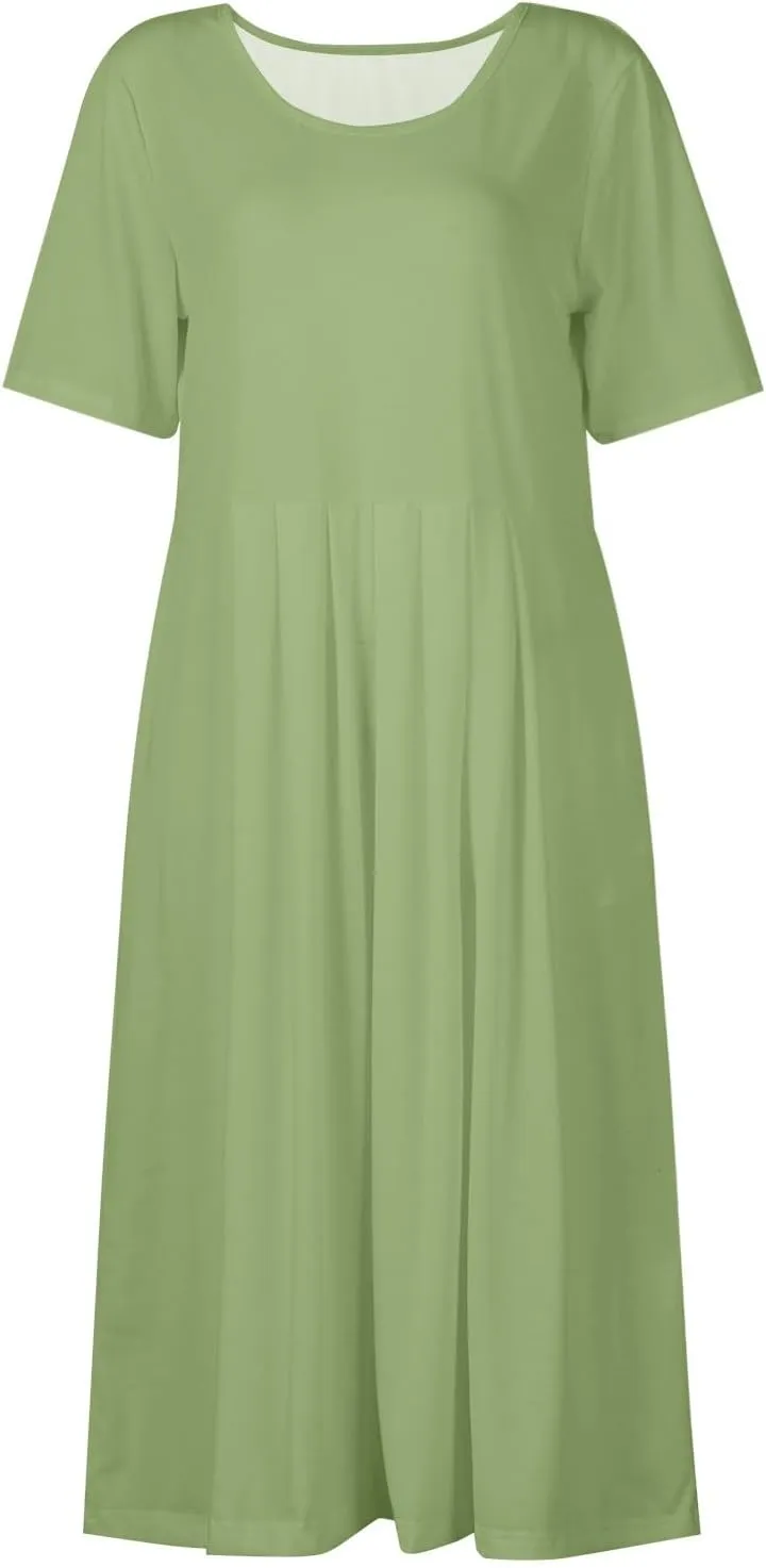 Women 2025 Summer Short Sleeve Midi Dress with Pockets Casual Aline Flowy Tshirt Dress Floral Vocation Beach Sundress