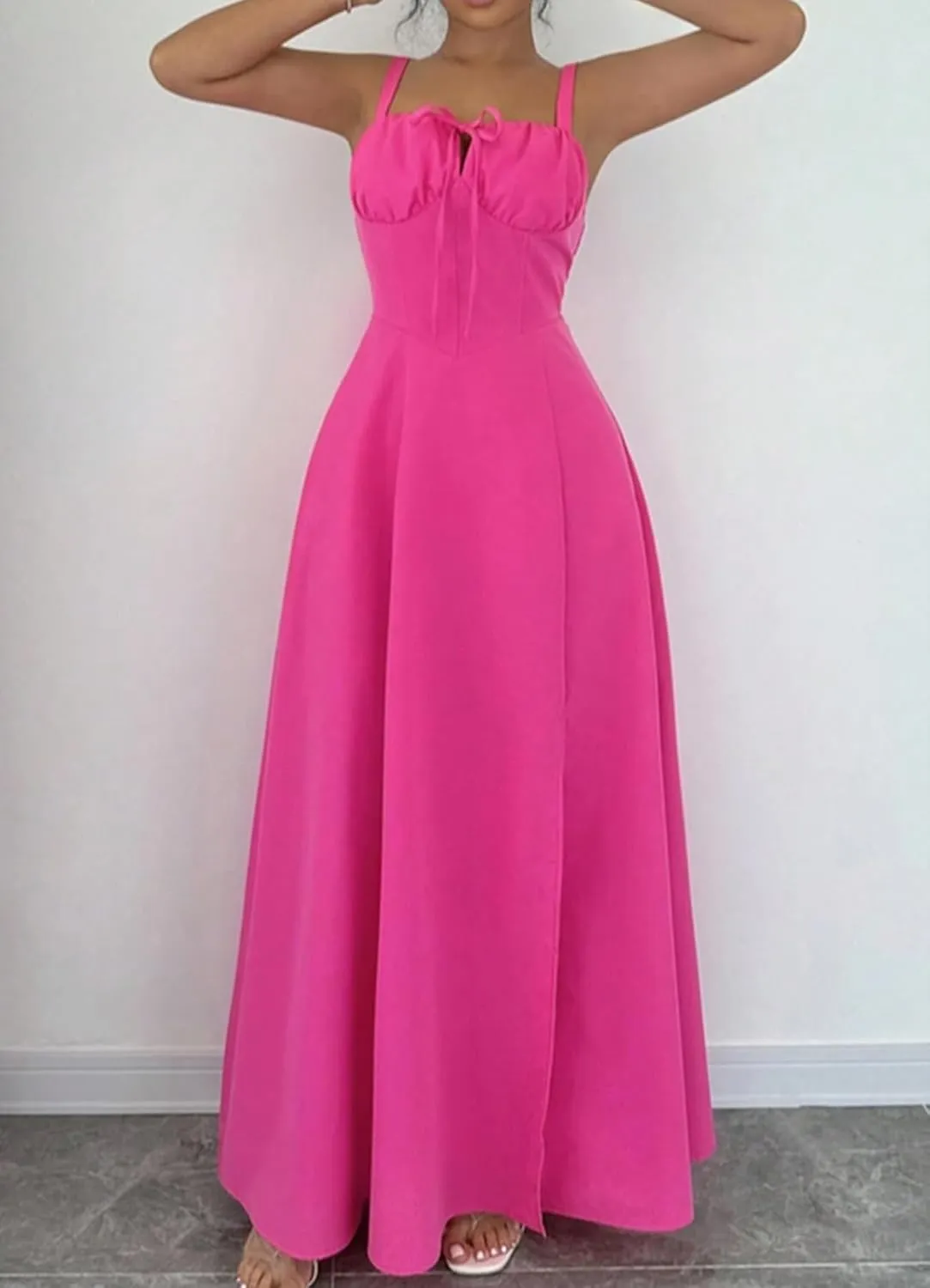 Women Casual Corset Dress Sleeveless Lace Up Ruched Bodycon Split Tie Square Neck A Line Boho Flowy Maxi Sundress
