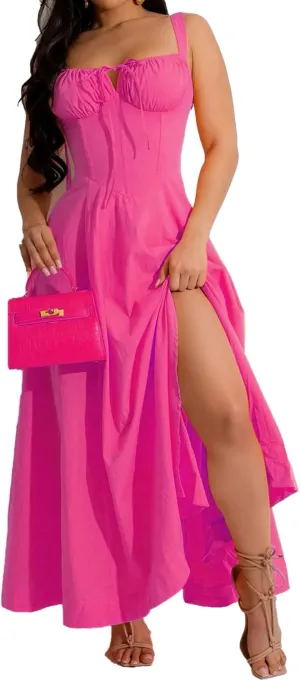 Women Casual Corset Dress Sleeveless Lace Up Ruched Bodycon Split Tie Square Neck A Line Boho Flowy Maxi Sundress