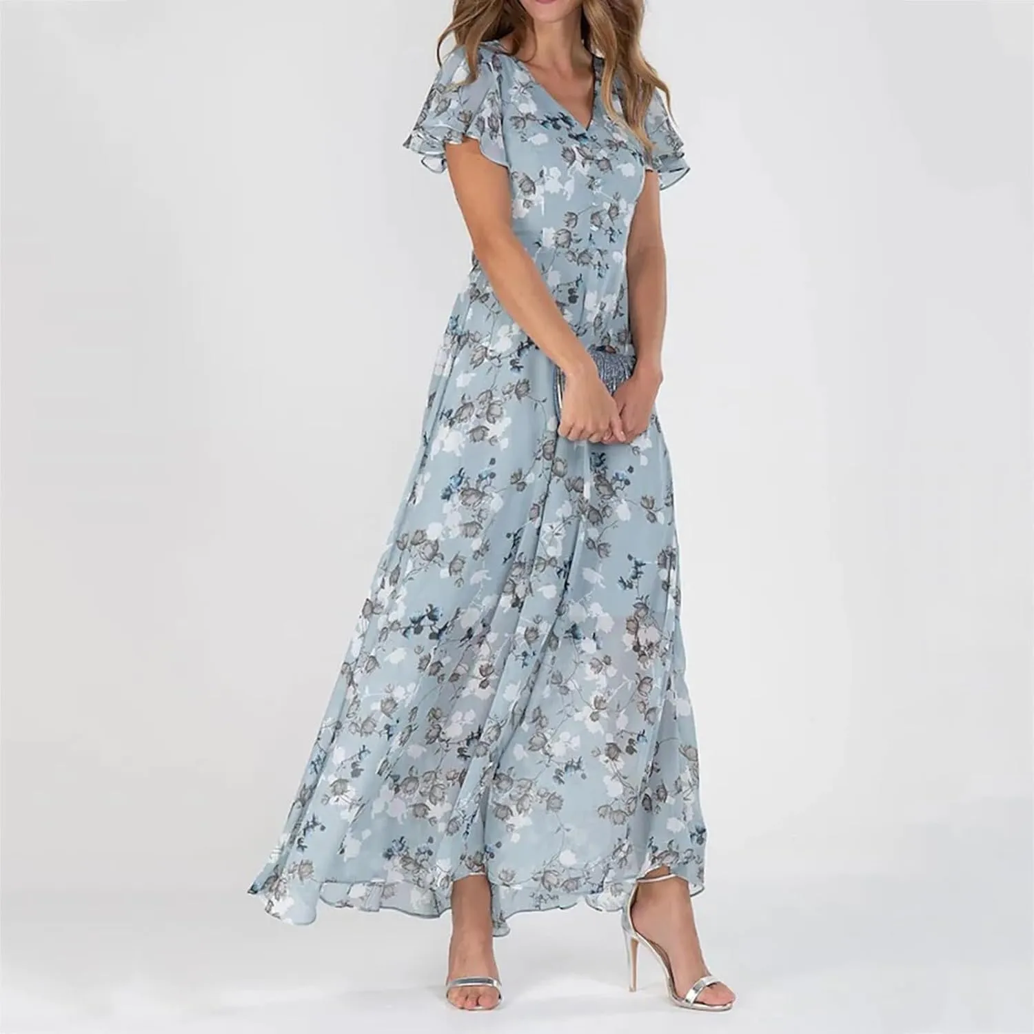 Women Casual Summer Dresses Chiffon Floral Short Sleeve Sun Dresses for Women 2025 Flowy Swing Party Beach Skirts