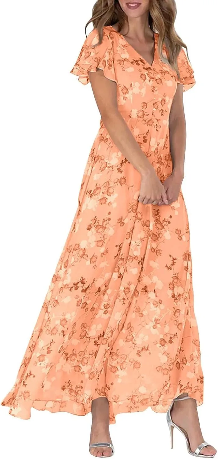 Women Casual Summer Dresses Chiffon Floral Short Sleeve Sun Dresses for Women 2025 Flowy Swing Party Beach Skirts