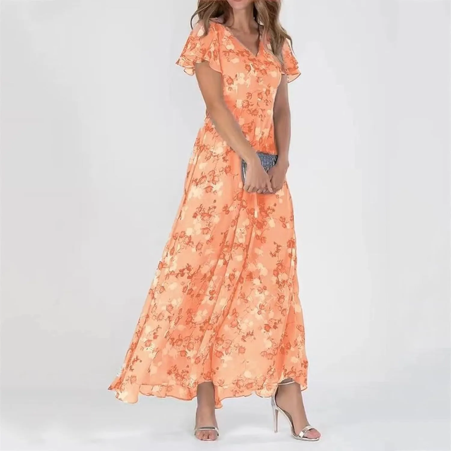 Women Casual Summer Dresses Chiffon Floral Short Sleeve Sun Dresses for Women 2025 Flowy Swing Party Beach Skirts