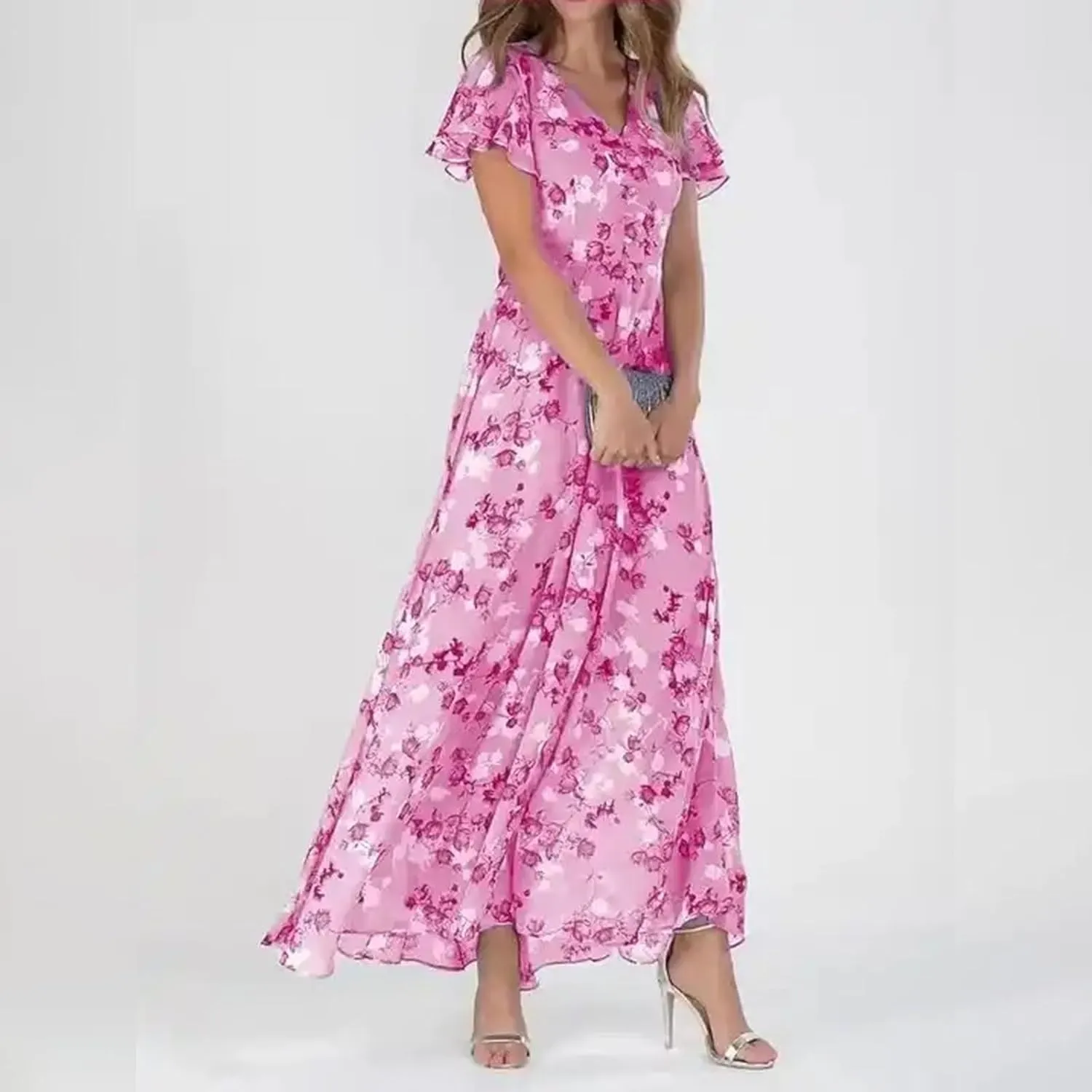 Women Casual Summer Dresses Chiffon Floral Short Sleeve Sun Dresses for Women 2025 Flowy Swing Party Beach Skirts
