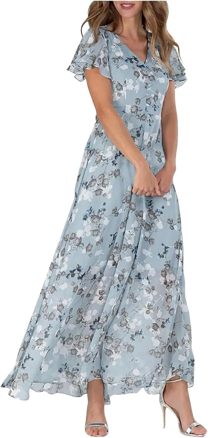 Women Casual Summer Dresses Chiffon Floral Short Sleeve Sun Dresses for Women 2025 Flowy Swing Party Beach Skirts