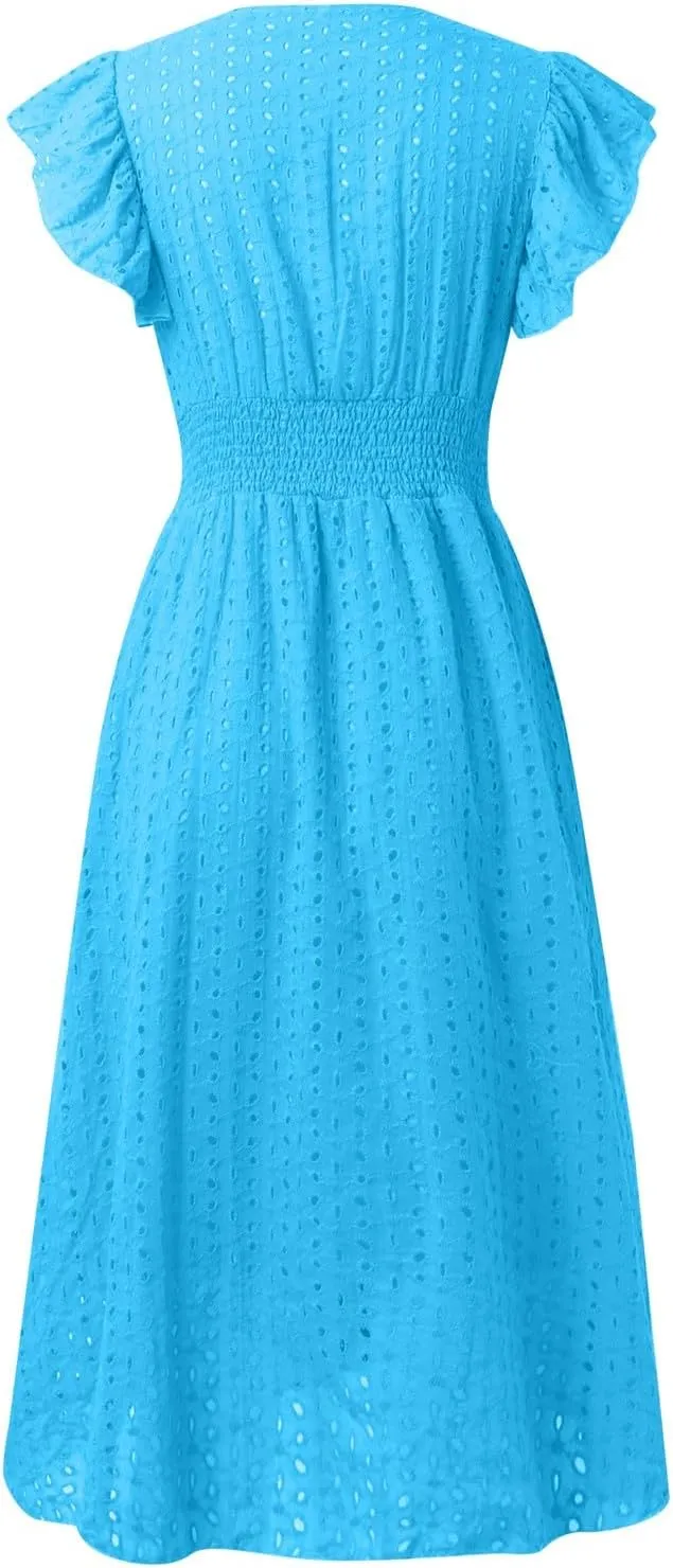 Women Eyelet Dress Midi Flutter Sleeve V Neck Smocked Waist Dresses Summer Sexy A Line Lace Embroidery Sun Dress