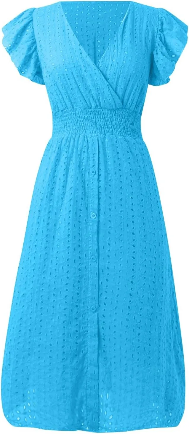 Women Eyelet Dress Midi Flutter Sleeve V Neck Smocked Waist Dresses Summer Sexy A Line Lace Embroidery Sun Dress