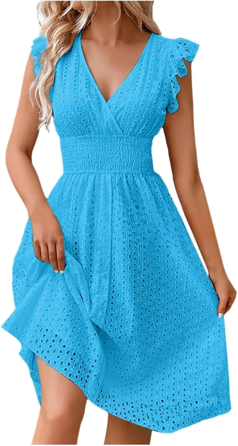 Women Eyelet Dress Midi Flutter Sleeve V Neck Smocked Waist Dresses Summer Sexy A Line Lace Embroidery Sun Dress