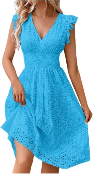 Women Eyelet Dress Midi Flutter Sleeve V Neck Smocked Waist Dresses Summer Sexy A Line Lace Embroidery Sun Dress