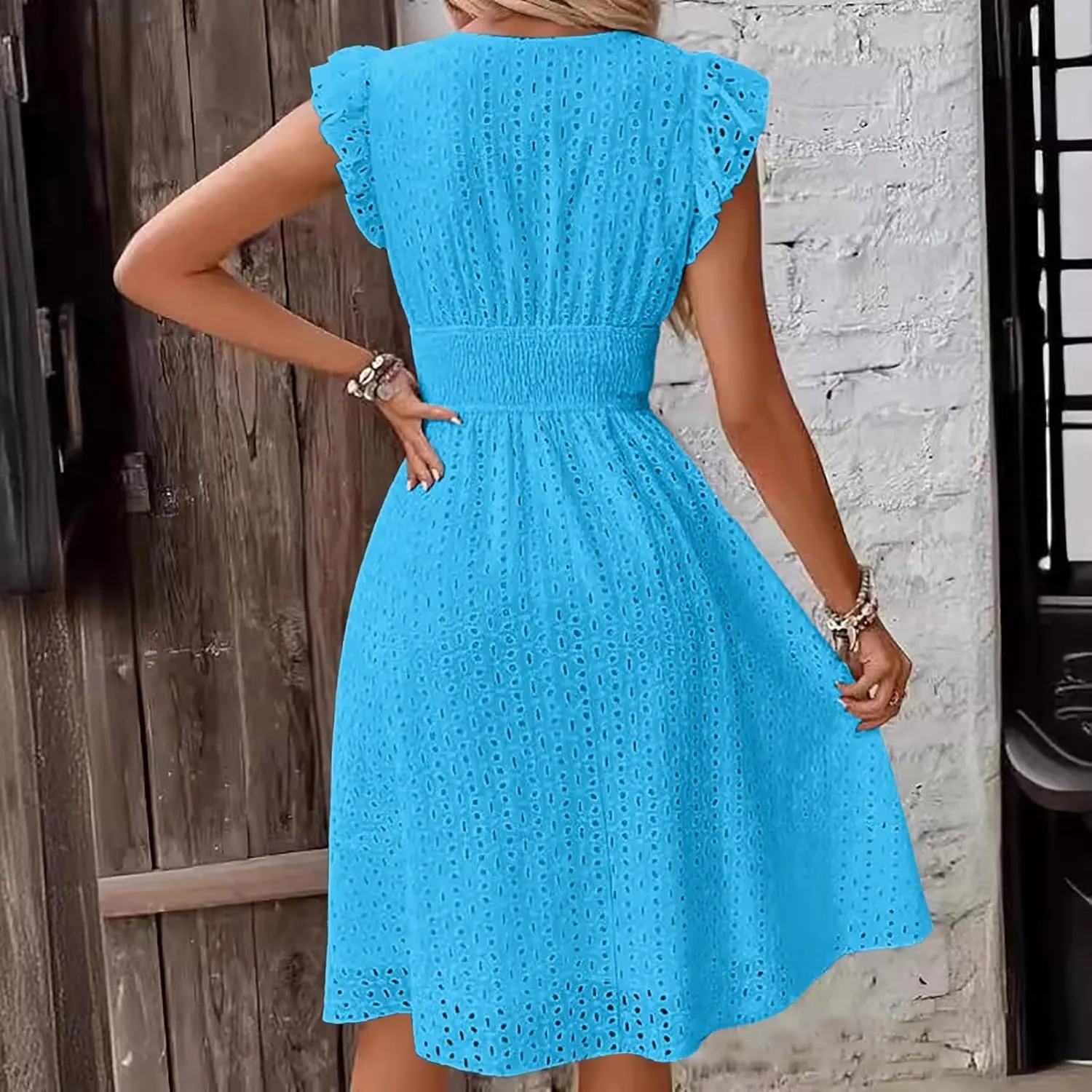 Women Eyelet Dress Midi Flutter Sleeve V Neck Smocked Waist Dresses Summer Sexy A Line Lace Embroidery Sun Dress