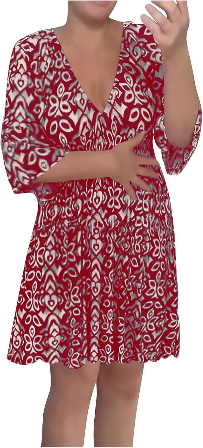 Women Floral Dresses 2024 Boho Casual Summer Dresses Flowy Vneck 3/4 Sleeve Dress Bohemian Beach Vacation Cute Clothes