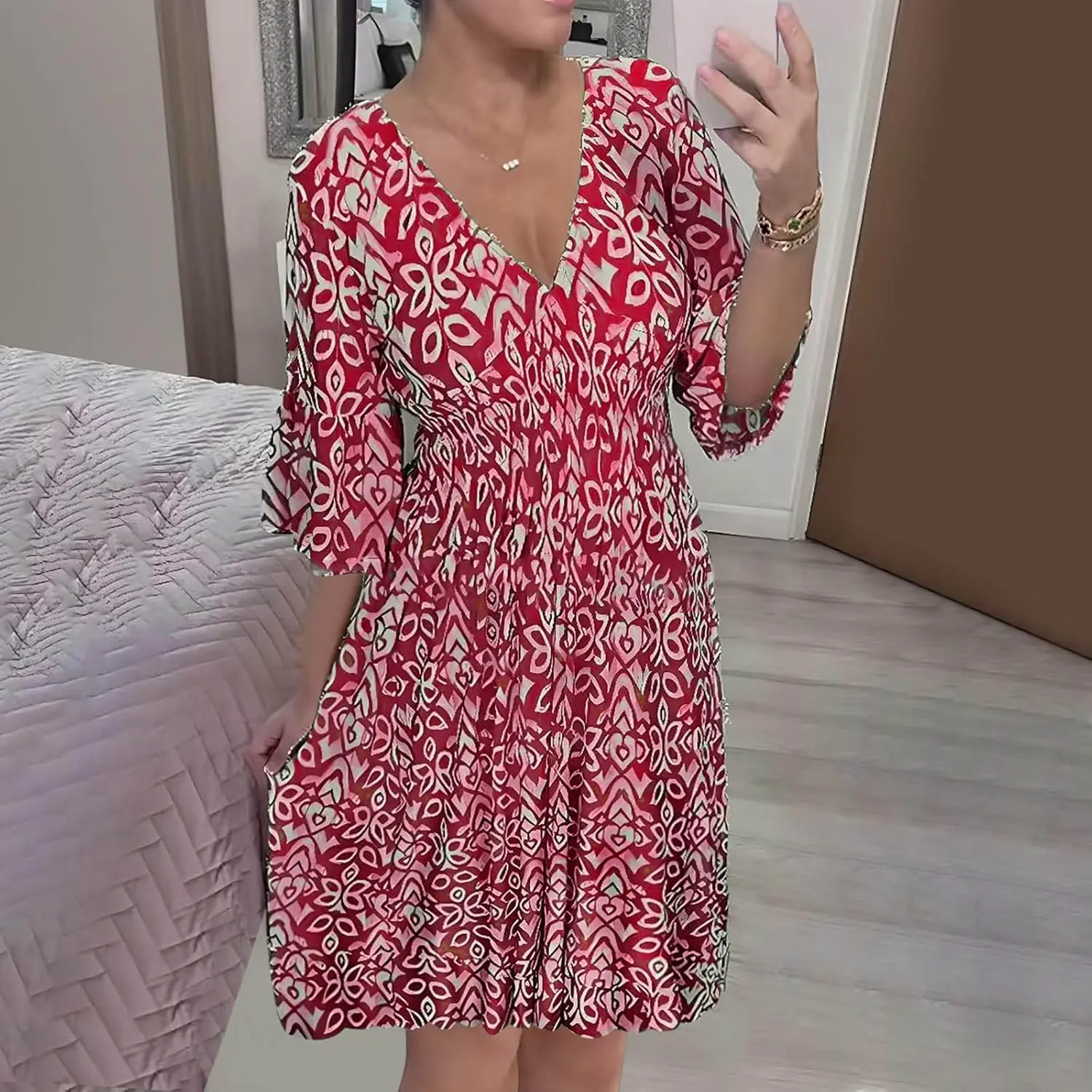Women Floral Dresses 2024 Boho Casual Summer Dresses Flowy Vneck 3/4 Sleeve Dress Bohemian Beach Vacation Cute Clothes