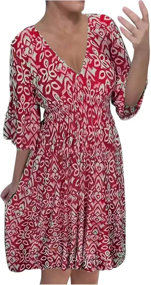 Women Floral Dresses 2024 Boho Casual Summer Dresses Flowy Vneck 3/4 Sleeve Dress Bohemian Beach Vacation Cute Clothes