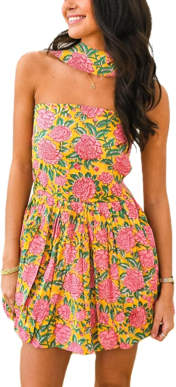 Women Floral Tube Strapless Mini Dress with Scarf Sleeveless Backless Ruched Aline Short Dresses Y2K Beach Sundress