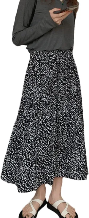 Women Midi Long Skirt Summer Vintage Leopard Print A Line High Waist Pleated Skirt