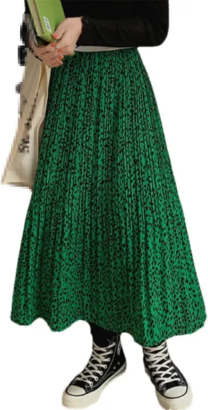 Women Midi Long Skirt Summer Vintage Leopard Print A Line High Waist Pleated Skirt