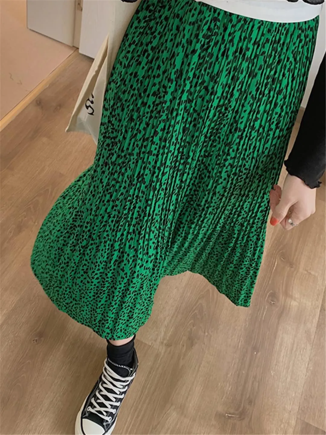 Women Midi Long Skirt Summer Vintage Leopard Print A Line High Waist Pleated Skirt