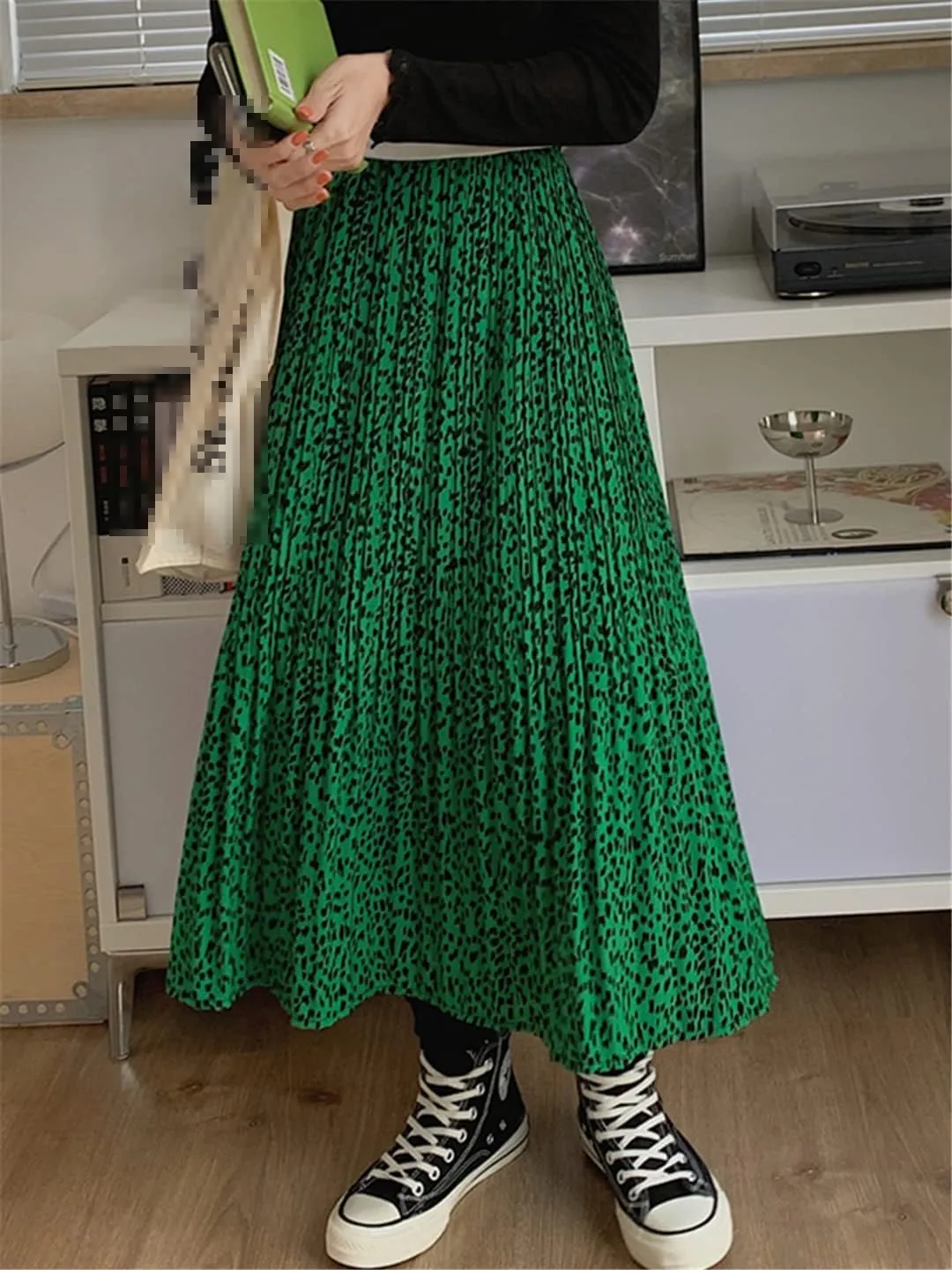 Women Midi Long Skirt Summer Vintage Leopard Print A Line High Waist Pleated Skirt