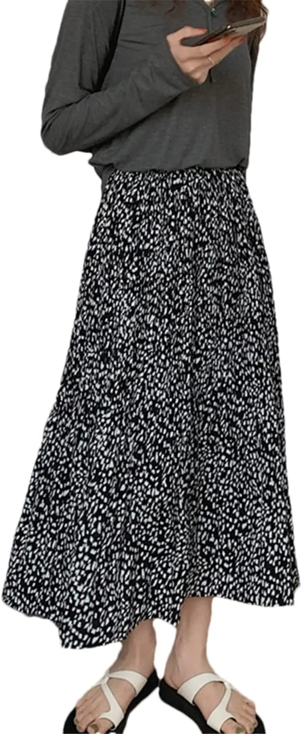 Women Midi Long Skirt Summer Vintage Leopard Print A Line High Waist Pleated Skirt