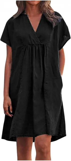 Women Plain Cotton Linen Dresses Summer Half Sleeve Knee-Length Dress Boho Plus Size Pockets Loose Fit Midi Long Dress