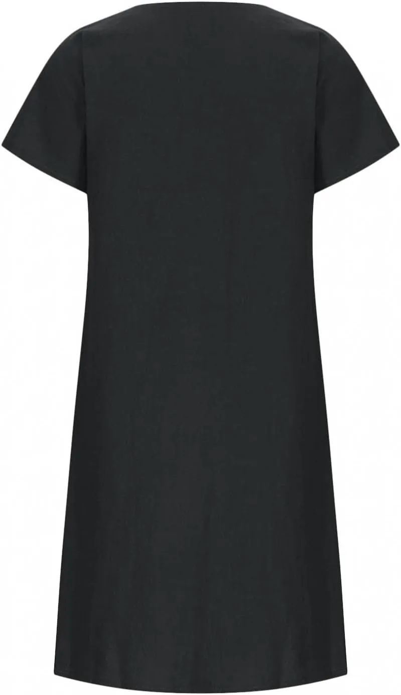 Women Plain Cotton Linen Dresses Summer Half Sleeve Knee-Length Dress Boho Plus Size Pockets Loose Fit Midi Long Dress
